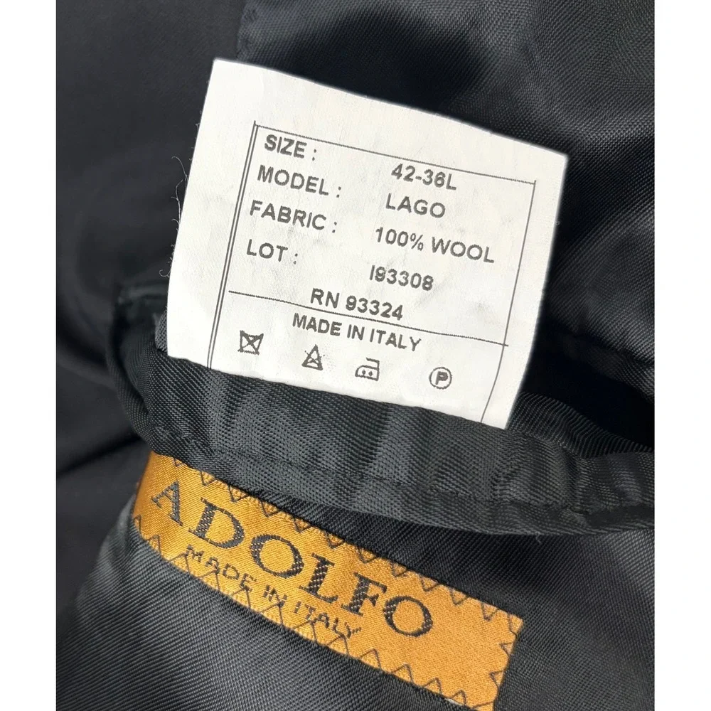 Adolfo Mens Suit Jacket 42-36L Black Super 120s Wool 3-Button‎ Blazer Italy